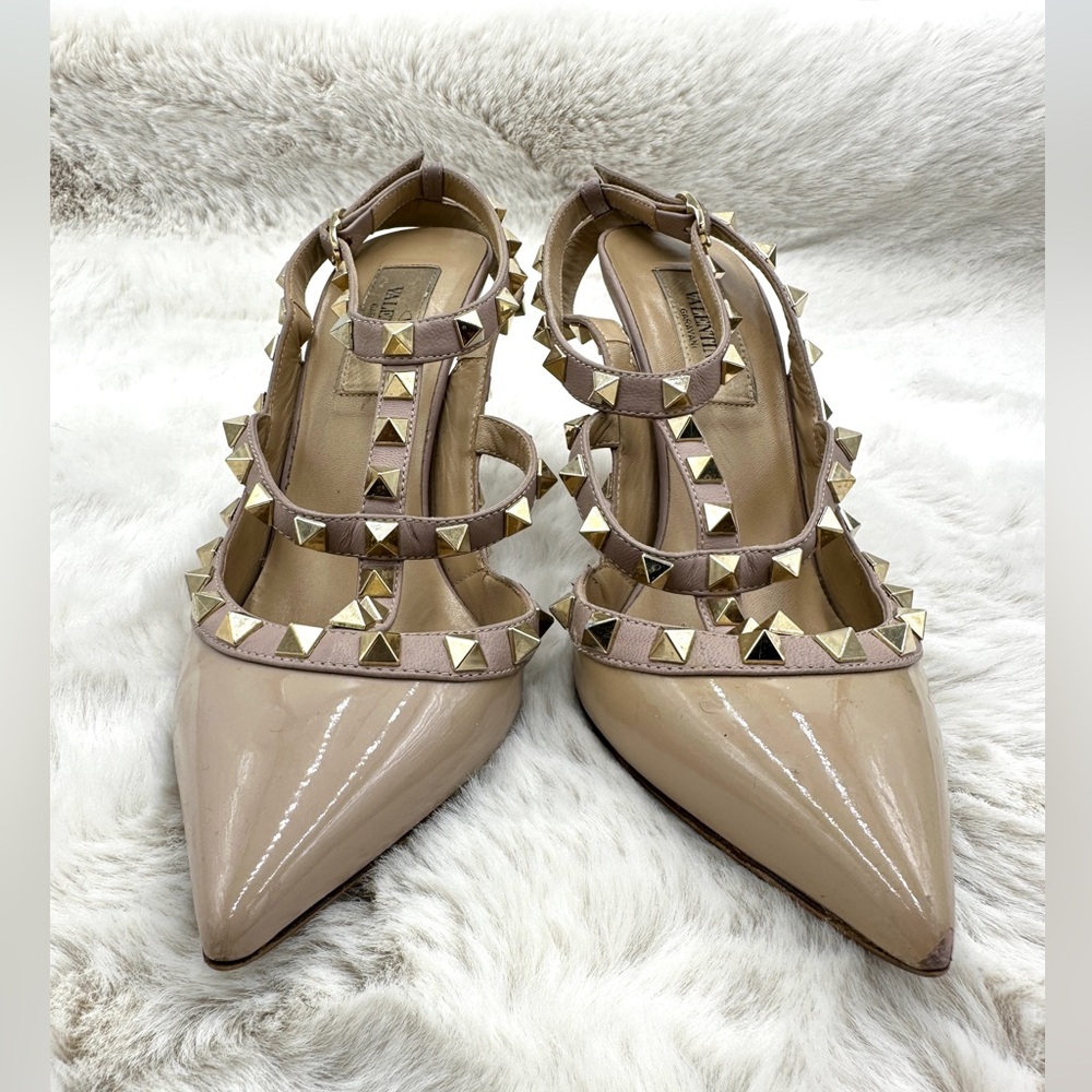 Valentino Rockstud T-‎ Strap Pointed Toe Pump tan heels 36 US 6 - Picture 6 of 16